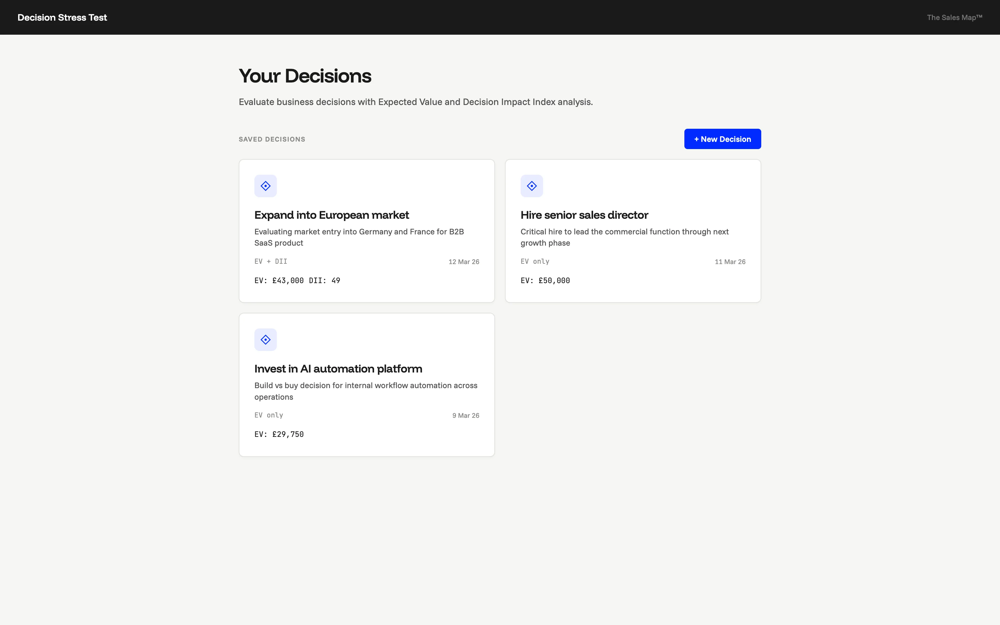 Decisions dashboard, saved decisions grid